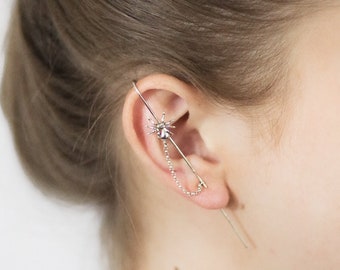 Bar Ear Cuff - Spider - sterling silver ear cuff, bee ear pin, bar earrings, ear climbers, silver ear pin, edge ear climber