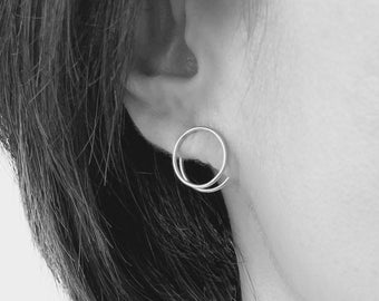 Pendientes de órbita de plata - PAR - pendientes delanteros traseros, pendientes de chaqueta de oreja plateada, chaquetas de oreja de órbita, pendientes flotantes, pendientes geométricos