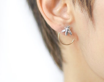 Bee Ear Jacket Earrings, PAIR, silver double earrings, silver front back earring, silver ear climbers