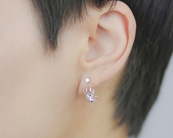 Spider Ear Jacket Earrings - Pair - silver spider front back earrings Halloween earrings Halloween jewelry Sale