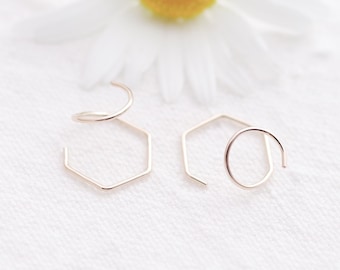 Solid 14k Gold New Two-In-One Hoop - hexagon and round hoops in one small spiral hoop multispiral earrings