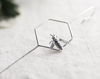 Bar Ear Cuff - Bee in Honeycomb - sterling silver ear cuff bee ear pin bar earrings edge ear climbers silver ear pin