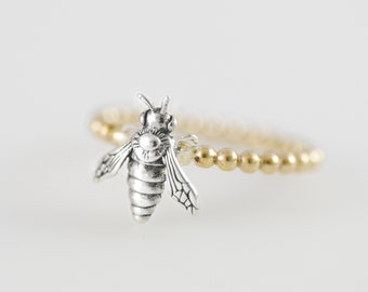 Honey Bee Ring -  Silver Bee ring, gold beaded band, simple tiny sterling silver bee ring, gold stacking ring, cyber sale