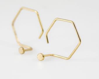 14k Solid Gold Honeycomb Ear Jacket Earrings, hexagon front back earrings, double earrings, two sided earrings, ear climbers