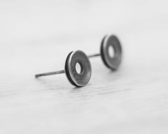 Silver Wheel Stud Earrings - black earrings doughnut earrings unisex earrings silver stud earrings doughnut earrings  s