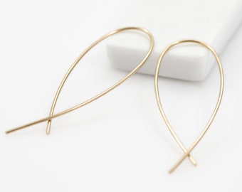14k Solid Gold L For Love Hoops - Pair - elongated threader earrings open hoops earrings contemporary gold oval hoops