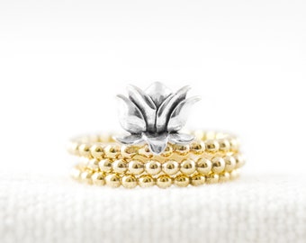 Stackable Lotus Ring Sets-  silver lotus and beaded goldfilled rings
