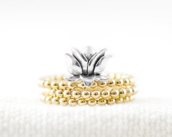 Stackable Lotus Ring Sets-  silver lotus and beaded goldfilled rings gold rings lotus ring stackable rings  s
