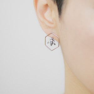 Honeycomb Ear Jacket Earrings Featuring Honey Bee - PAIR, front back earring, ear climbers, hexagon stud earrings, bee earrings, beehive