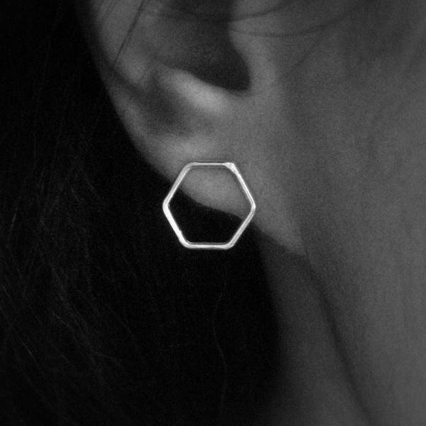 Silver Honeycomb Stud Earrings: Geometric Hexagon Jewelry