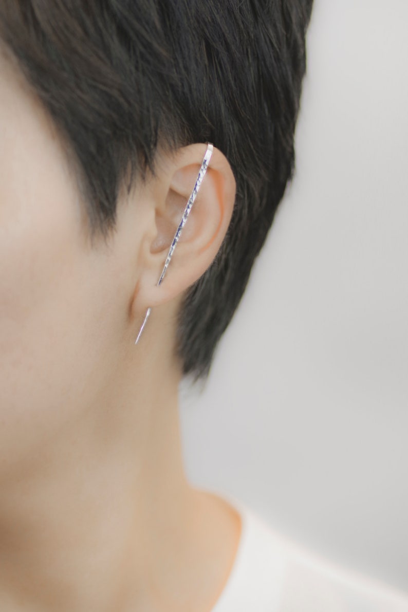Bar Ear Pin HAMMERED sterling ear cuff, gold bar ear pin, bar earrings, silver ear climbers, non pierced cuff, silver ear pin, image 1