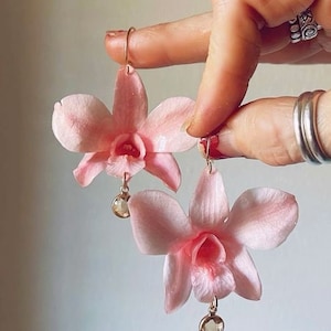 Pendientes De Orquídea Diseño Único Hechos A Mano Con Flor Real Rosa