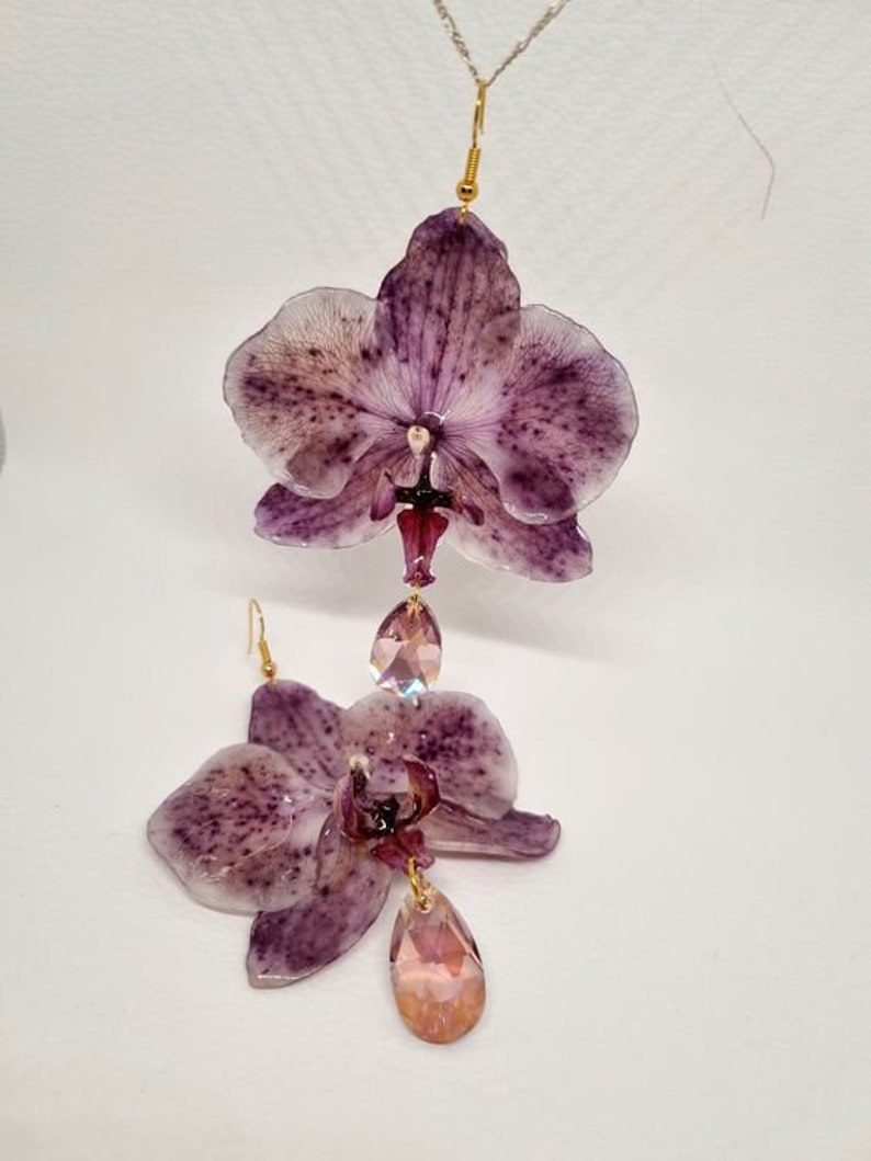 Pendientes De Orquídea Diseño Único Hechos A Mano Con Flor Real purple painted