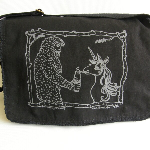 Unicorn & Sasquatch Messenger Bag|Bigfoot Messenger Bag|Unicorn Lover Gift|Bigfoot Gift|Mens Messenger Bag|Computer Bag|Black Cotton Canvas