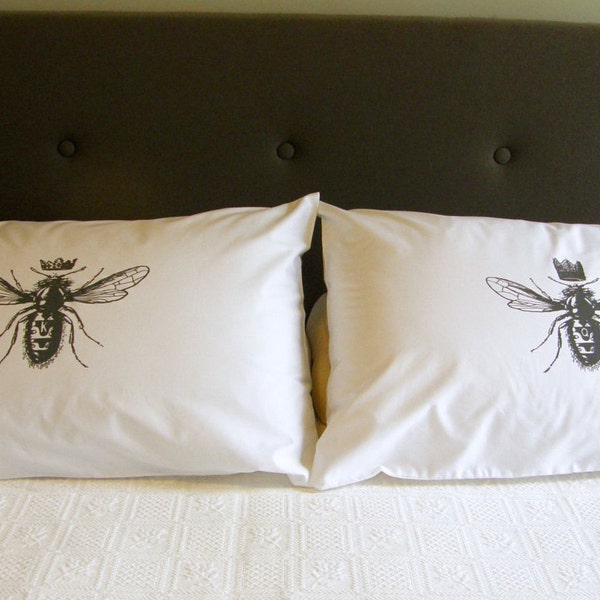 King and Queen Bee Pillow Case Set, His and Hers Pillows, King and Queen Decor, Bee Keeper, Cotton Anniversary, Save the Bees, Standard Size