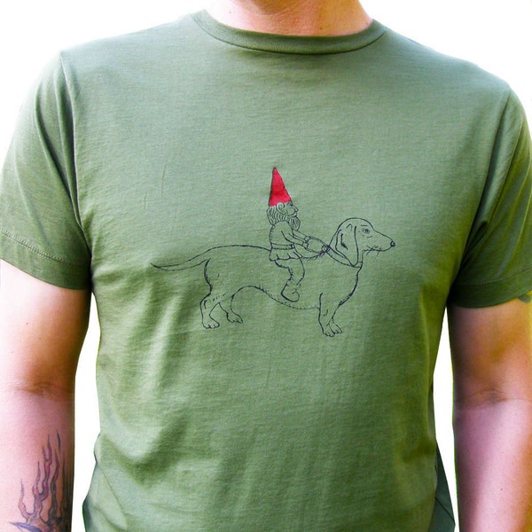 Dachshund & Gnome Men's Cool Graphic Tee Shirt| Dachshund Owner Gift|Nordic Gnome|Seen on Last Man on Earth|Army Green|Hand Printed Cotton