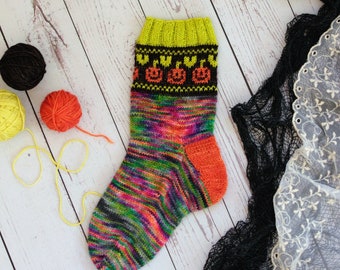 Halloween sock pattern w/ pumpkins | knitting patterns & hand dyed yarn | spooky fair isle | instant download knitting instructions handknit