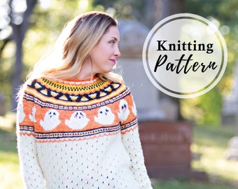 Halloween Sweater Knitting Pattern |PDF Download| Colorwork ghosts & candy corn| Pullover for trick or treat fall autumn| DK weight patterns