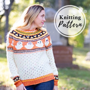 Halloween Sweater Knitting Pattern |PDF Download| Colorwork ghosts & candy corn| Pullover for trick or treat, spooky season | DK weight yarn