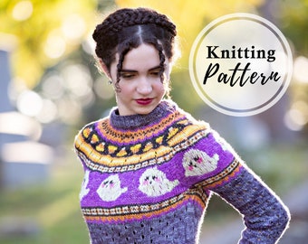 Halloween Sweater Knitting Pattern| Knit a spooky sweater with fair isle ghosts & candy corn| Instant Download PDF Pattern w/ charts| autumn
