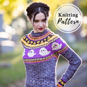 Halloween Sweater Knitting Pattern| Knit a spooky sweater with fair isle ghosts & candy corn| Instant Download PDF Pattern w/ charts| autumn