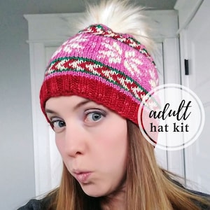 Nordic Christmas knit hat kit: with colorful yarn, hand painted mini skeins,  faux fur pompom - dk weight yarn