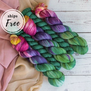Hand dyed sock yarn w/ mini skein | hand painted rainbow yarn | sustainable Corriedale wool yarn for knitting or crochet |natural fiber yarn