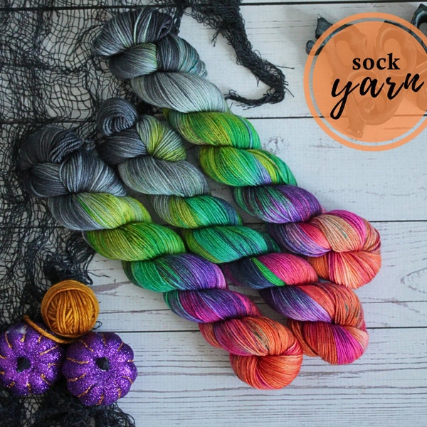 Hand dyed Halloween yarn | sock yarn set for sock knitters | hand painted yarn & knitting patterns | spooky bright indie dyed | cruelty free