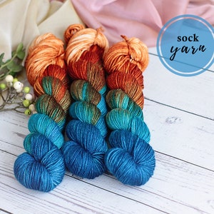 Hand dyed sock yarn in copper and turquoise | hand painted, indie dyed yarn | soft Merino wool + nylon skein for sock knitting | fingering