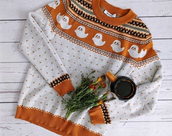 Halloween Sweater w/ ghosts & candy corn | Trick or treat | Costume Party | 100% cotton yarn | Sizes XXS - 3XL | knit to order | fun, spooky