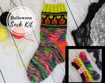 Halloween sock kit w/ mini skeins | hand dyed yarn & knitting patterns | sock pattern | stranded colorwork fair isle | spooky fun pumpkins