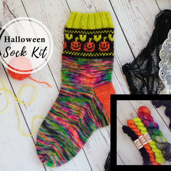 Halloween sock kit w/ mini skeins | hand dyed yarn & knitting patterns | sock pattern | stranded colorwork fair isle | spooky fun pumpkins