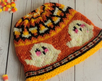 Halloween Hat Kit | knit your own hat with spooky ghosts & candy corn | hand dyed yarn, mini skeins + knitting pattern included | Dk weight