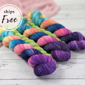 Hand painted sock yarn, mini skein set | hand dyed yarn & knitting patterns | Iris Impression, fingering weight knitting kit, sock knitters