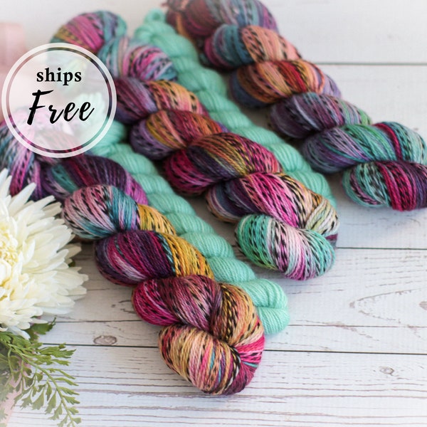 Hand dyed zebra sock yarn set | 3.5 oz speckled yarn in jewel tones + 1 oz solid mini skein | fingering weight yarn for sock knitting