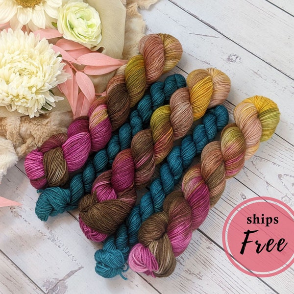 Spring sock yarn set w/ mini skein | hand dyed yarn & knitting patterns for sock knitters| pink yellow green | 1 set = 1 pair of adult socks