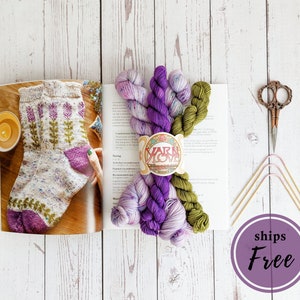 Hand dyed sock yarn kit for the Blooming Lavender sock pattern | mini skein sock yarn set | Fast Shipping |  purple, green yarn | stoneknits