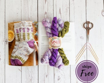 Hand dyed sock yarn kit for the Blooming Lavender sock pattern | mini skein sock yarn set | Fast Shipping |  purple, green yarn | stoneknits