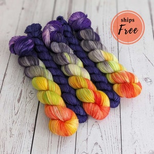 Halloween yarn for sock knitters | mini skein sock set | hand dyed, fingering weight wool | skeins in fall colors orange purple, Yarn Love