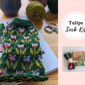 Flower sock yarn kit for knitting | hand dyed mini skein set | colorwork |Tiptoe Through the Tulips sock pattern by Stoneknits, green, pink