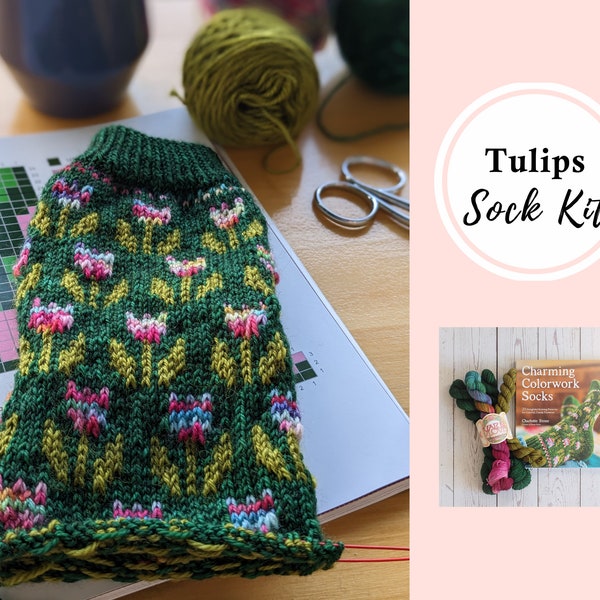 Tulip Flower sock yarn kit for knitting| Merino hand dyed mini skein set | spring colorwork |Tiptoe Through the Tulips pattern by Stoneknits