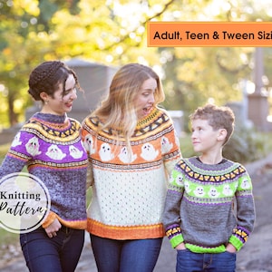 Halloween Knitting Pattern | Size Inclusive tween - adult | Knit a spooky season sweater | cute ghosts & candy corn | PDF Tutorial, orange