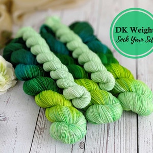 Green hand dyed DK sock yarn set | hand painted yarn | mini skein set | sock knitting kit: 1 set = 1 pair of adult sock | Merino yarn bundle