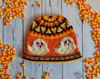 Halloween knitted hat pattern: quick knit, chunky, fair isle hat with spoopy ghosts & candy corn