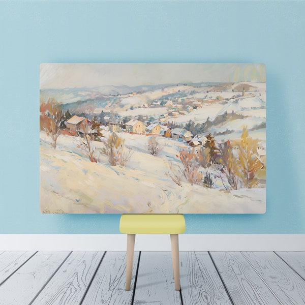 An Expensive Pastel House View, Trees on Hills with Snow Landscape, Light Yellow Impressionism Oil Painting Digital Printable Art Decor