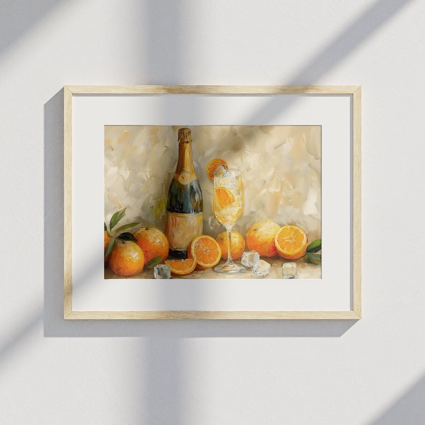 A Bottle of Sparking Wine with A Refreshing Orange Cocktail with Ice Cubes, Soft Warm Light, Oil Painting Style with A Beige Background