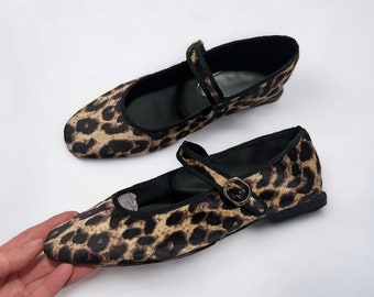 Leopard  Mary Jane , Leopard Flats, Low Heel Mary Jane Shoes, Ballet Flats, Vintage Women's Shoes, Soft Vegan Leather Mary Janes