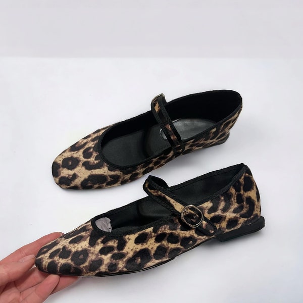 Leopard  Mary Jane , Leopard Flats, Low Heel Mary Jane Shoes, Ballet Flats, Vintage Women's Shoes, Soft Vegan Leather Mary Janes