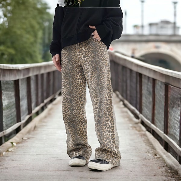 vintage Jeans imprimé léopard pour femmes, Jeans léopard marron clair pour femmes, Pantalon large oversize pour hommes, Pantalon cargo, Pantalon an 2000