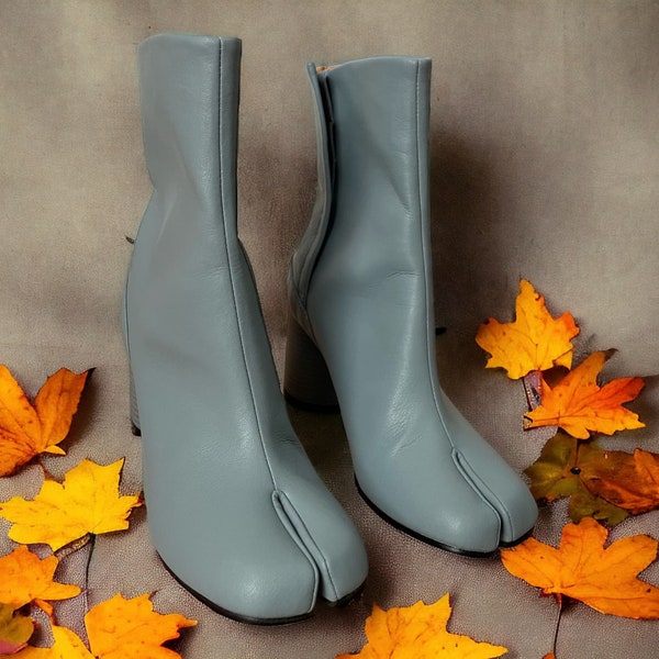 Women's Blue leather Tabi splittoe boots with 3cm/-8cm heel, Platform ankle booties, Divided Toe, Japanese Split Toe Ankle boots geschenk